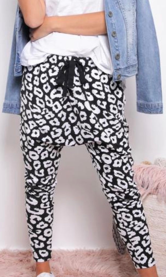 Leopard Print Drop Crotch Pants, Lainie Leopard Print Slouch Pants Basic State