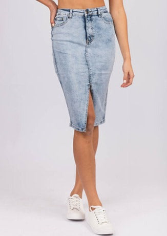 Denim skirt with Front Split, Silvie denim Midi Skirt, Acid Wash Skirt
