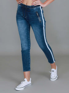 Molly Stripe Jogger Drawstring Jeans - Vintage Blue