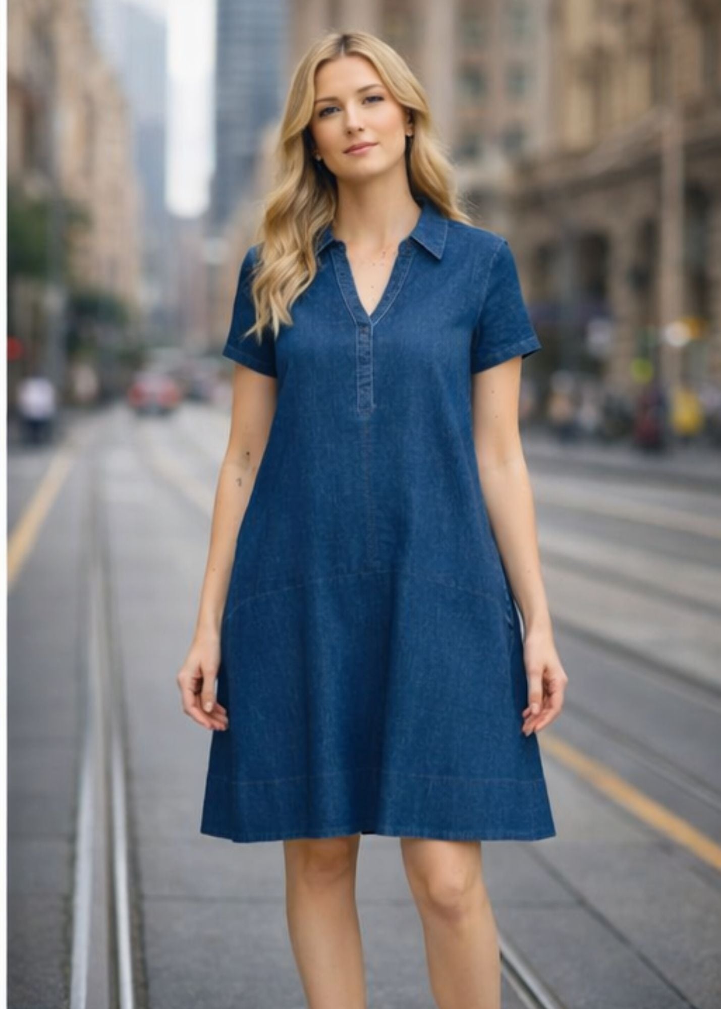 Tibby A-Line Polo Shirt Dress - Denim