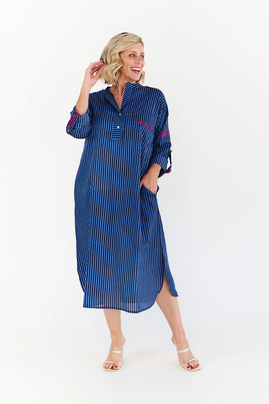 Casa Mia Blue Stripe Cotton Dress