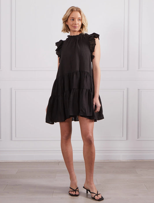 Jada Frill Sleeve Linen Dress - Black