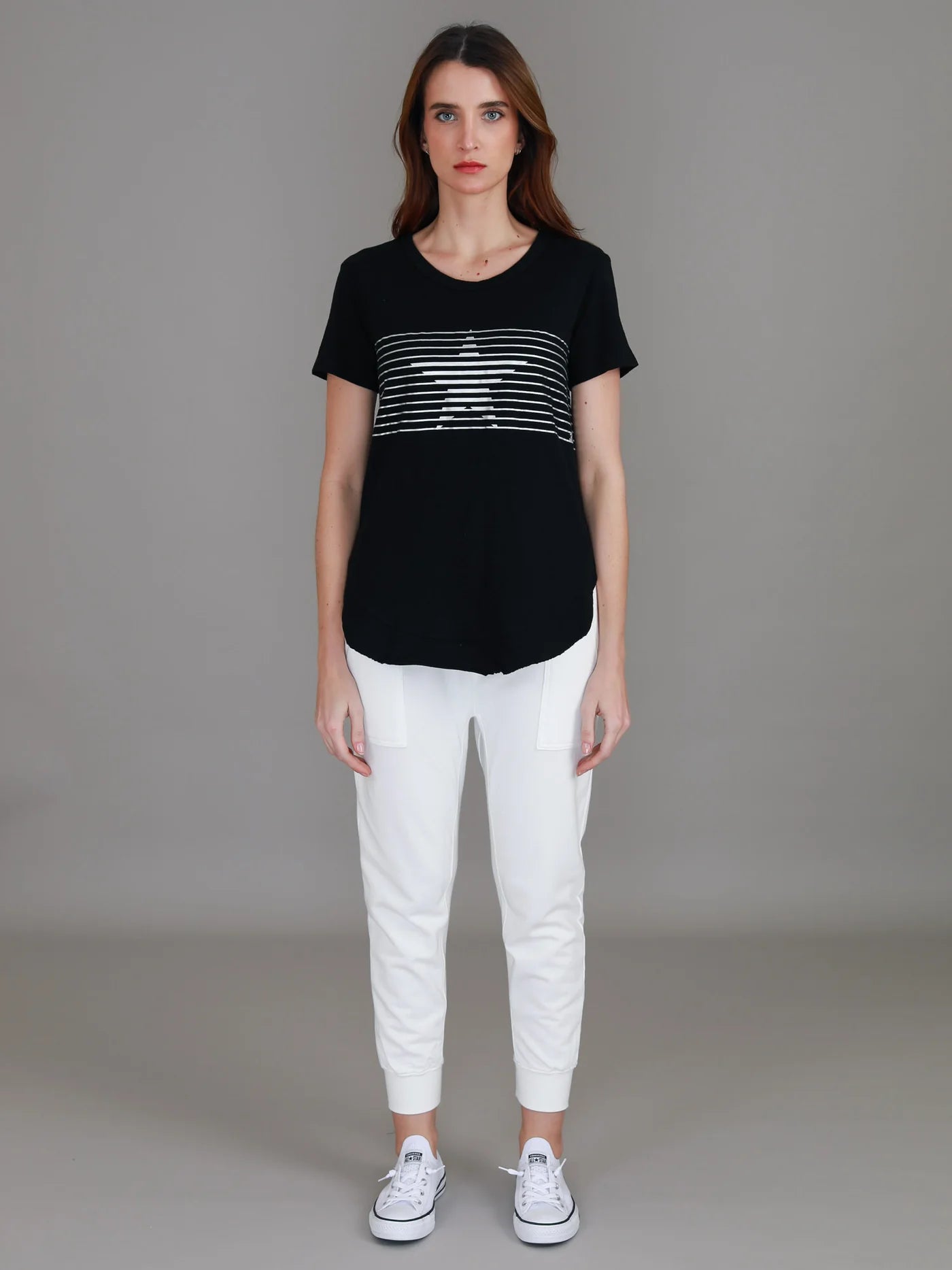 3rd Story womens lilly tee, lily silver stripe tshirt black