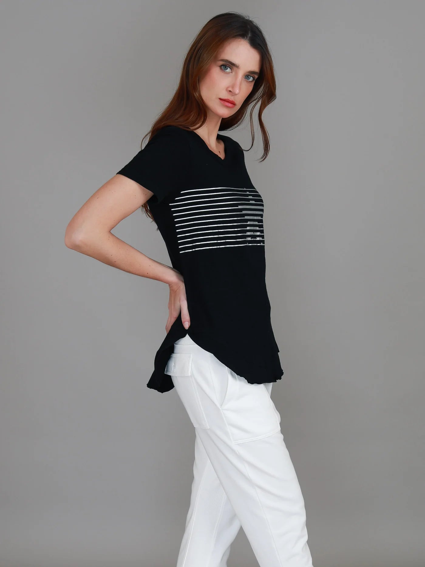 3rd Story womens lilly tee, lily silver stripe tshirt black