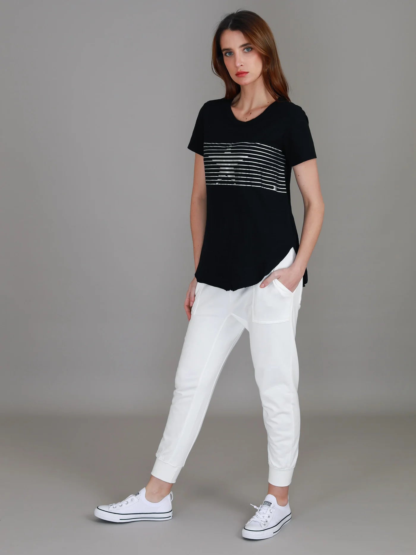 3rd Story womens lilly tee, lily silver stripe tshirt black