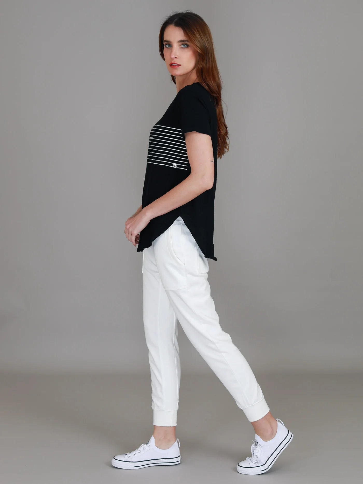 3rd Story womens lilly tee, lily silver stripe tshirt black