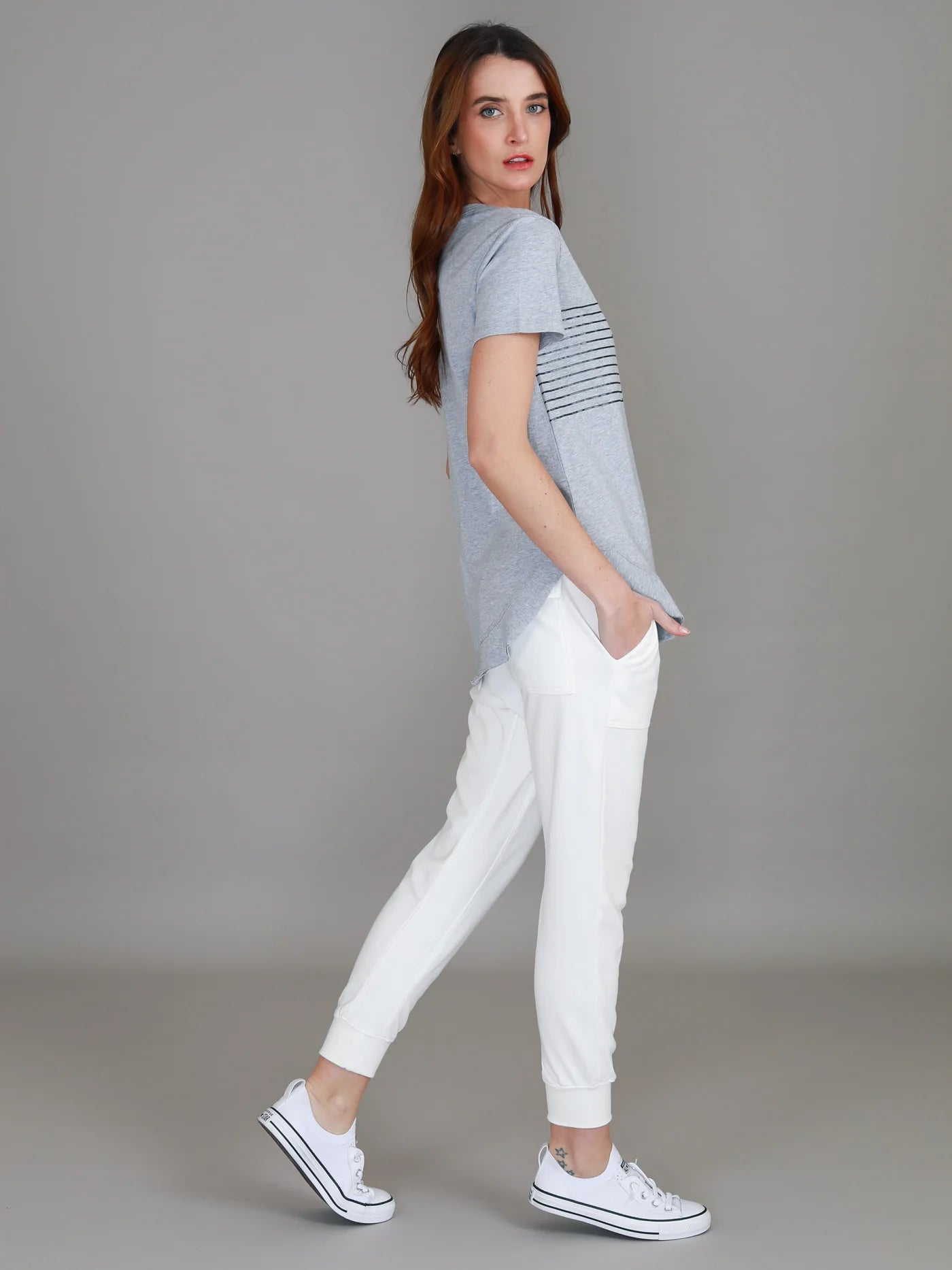 3rd Story womens lilly tee, lily silver stripe tshirt grey marle