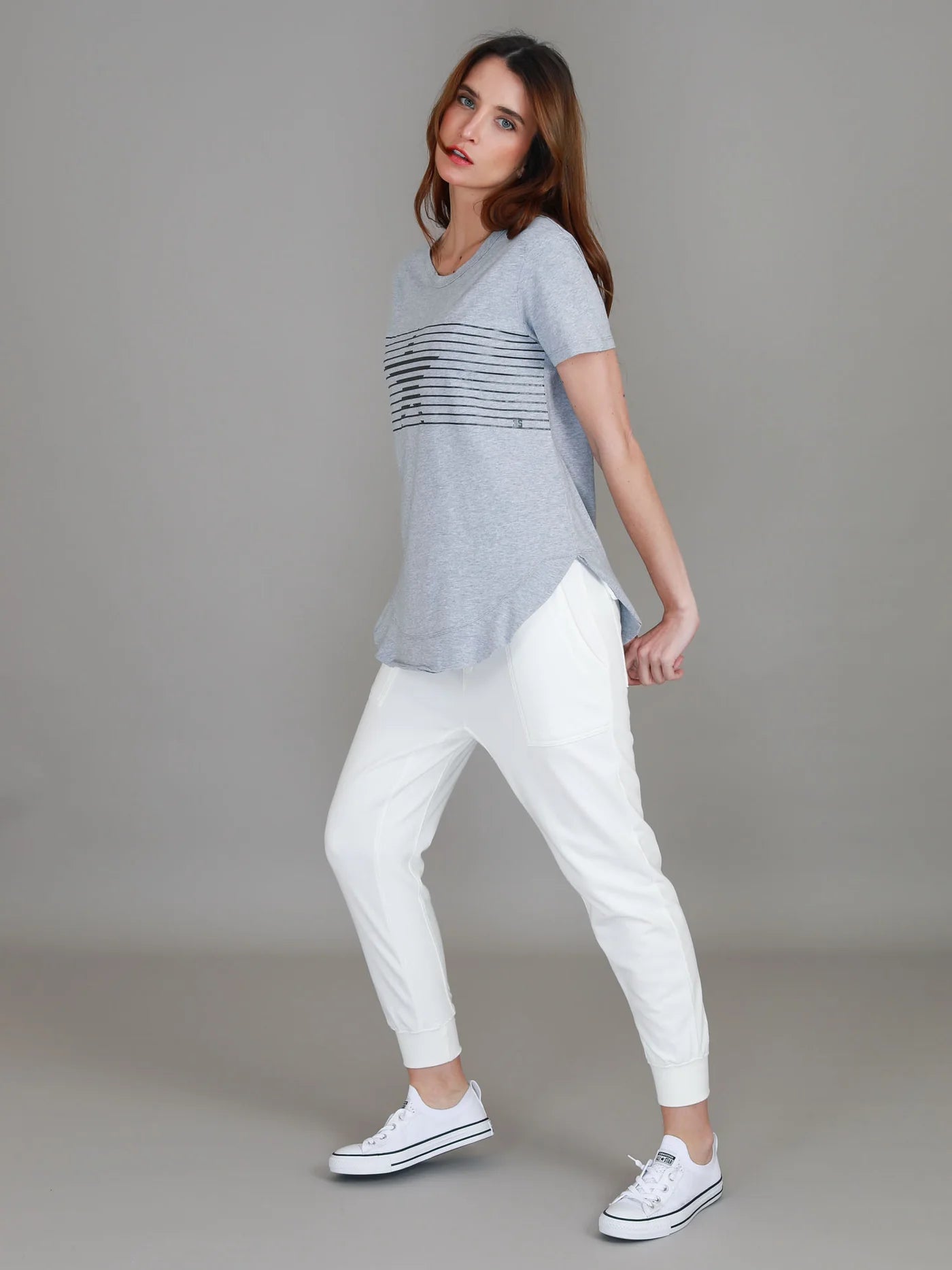 3rd Story womens lilly tee, lily silver stripe tshirt grey marle