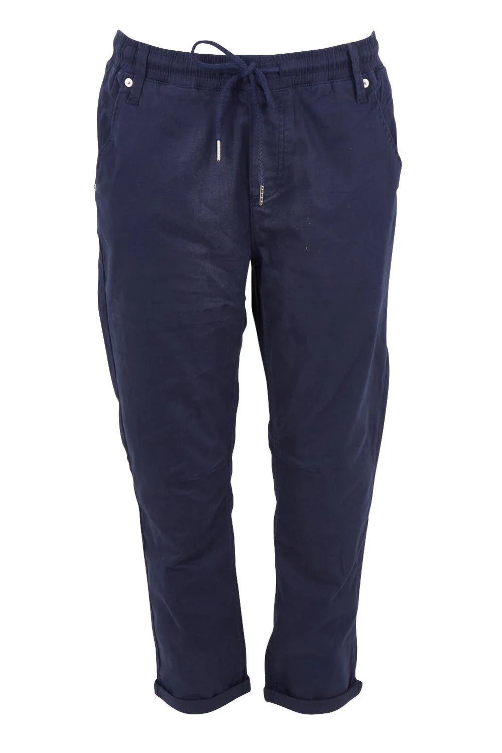 Womens Navy blue cotton pants with a drawstring on a white background