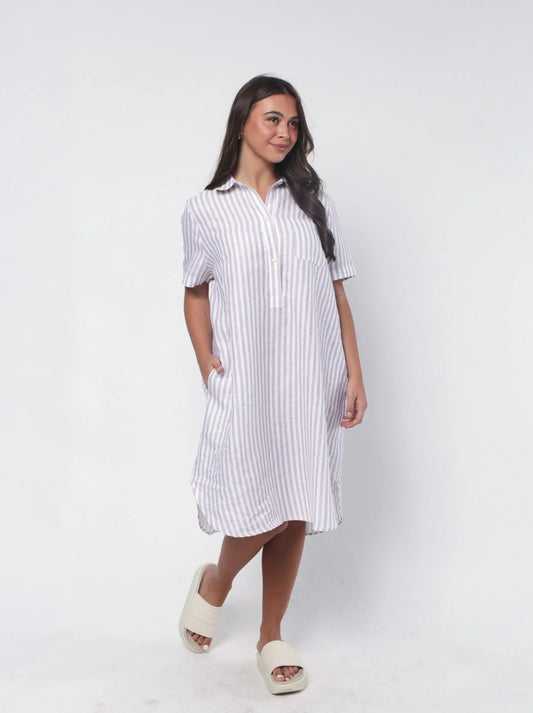 Ava Shirt Dress, Ladies oversized Shirt, Ladies Pinstripe Shirt Dress, Linen Shirt Dress, g7 linen shirt Dress silver stripe, Grey Stripe Ava Shirt Dress, Organic Clothing, Sustainable Fashion, Ethically made clothing