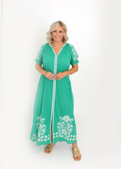 Remy Dress green cotton midi dress with puff sleeves and white embroidery