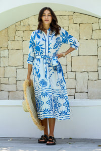 Santorini Blue Collared Shirt Dress with Tie