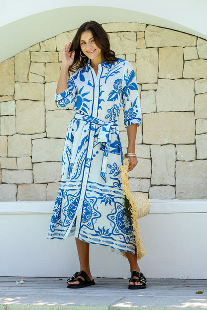 Santorini Blue Collared Shirt Dress with Tie