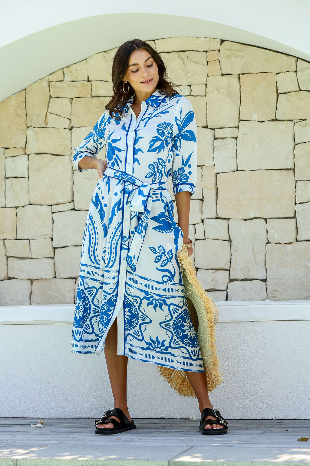 Santorini Blue Collared Shirt Dress with Tie