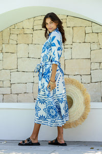 Santorini Blue Collared Shirt Dress with Tie