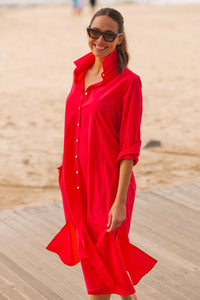 Luna Oversized Long Shirt Dress - Chilli Red