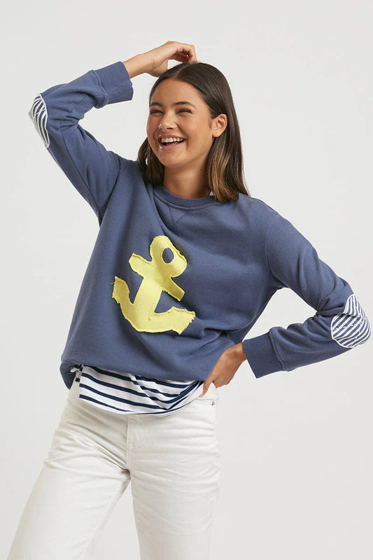 Frayed Anchor Cotton Sweatshirt - Blue