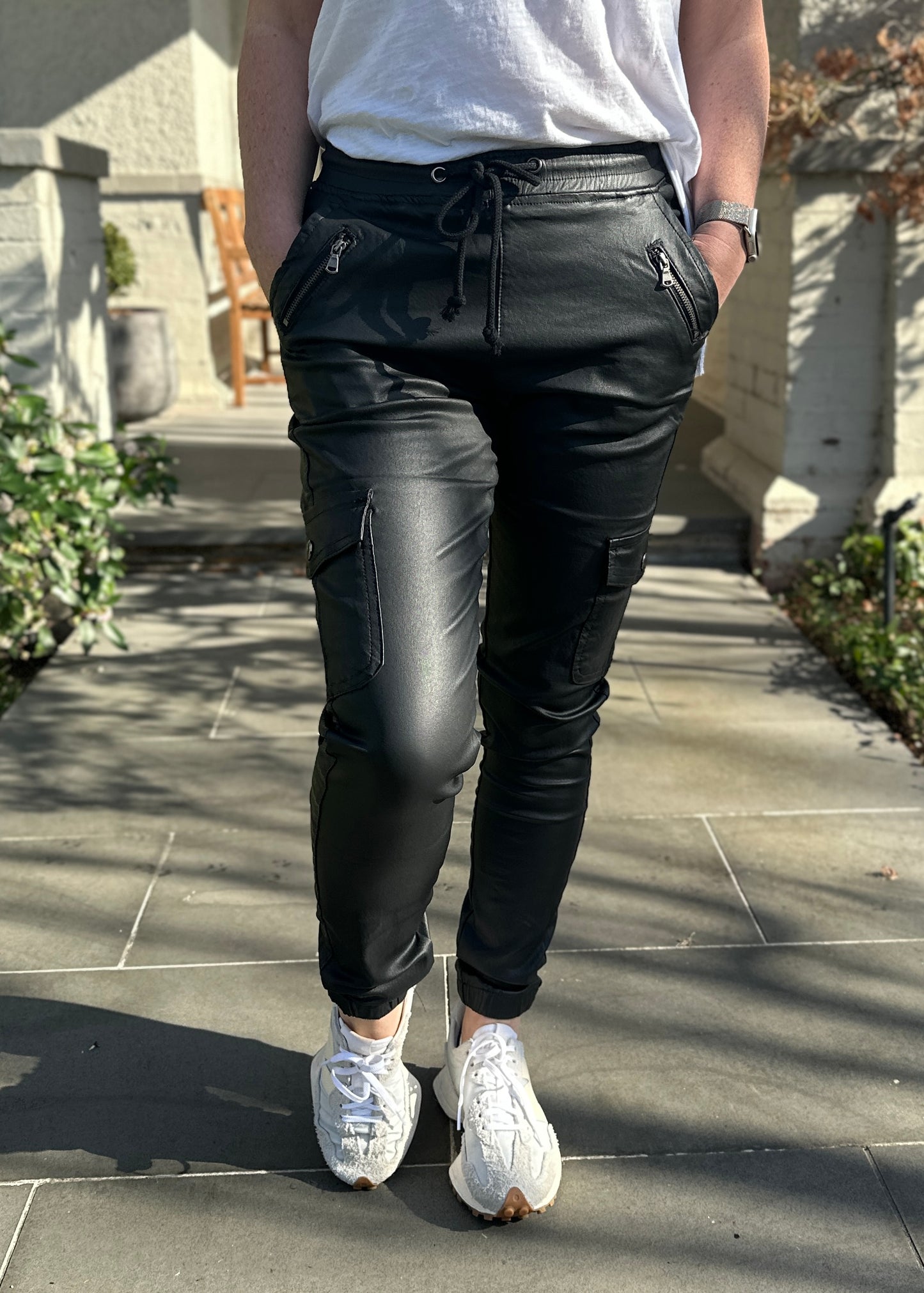 Shop Plus Size, Jenni Joggers Coated Black, Buy Joey Joggers Faux Leather Pants, womens Leather Look Pants Plus Size Leather Look Pants online, Shop Joey Jogger Faux Leather Pants, Shop Ladies Plus Size Leather Look Pants