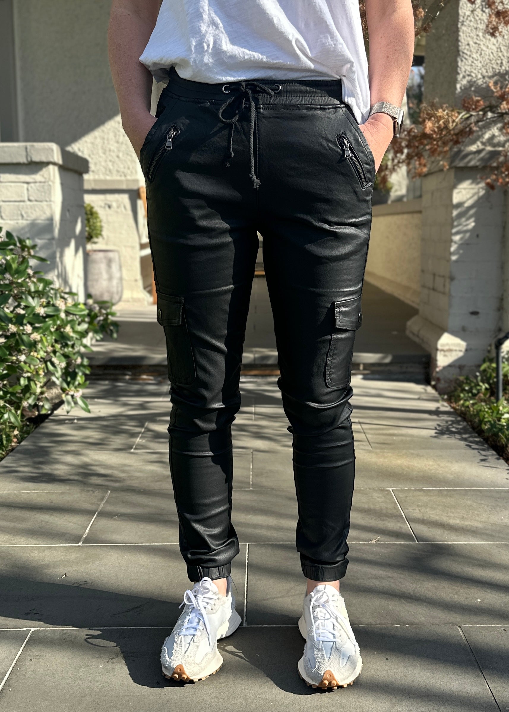 Shop Plus Size, Jenni Joggers Coated Black, Buy Joey Joggers Faux Leather Pants, womens Leather Look Pants Plus Size Leather Look Pants online, Shop Joey Jogger Faux Leather Pants, Shop Ladies Plus Size Leather Look Pants