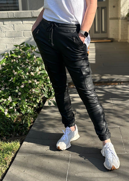 Shop Plus Size, Jenni Joggers Coated Black, Buy Joey Joggers Faux Leather Pants, womens Leather Look Pants Plus Size Leather Look Pants online, Shop Joey Jogger Faux Leather Pants, Shop Ladies Plus Size Leather Look Pants