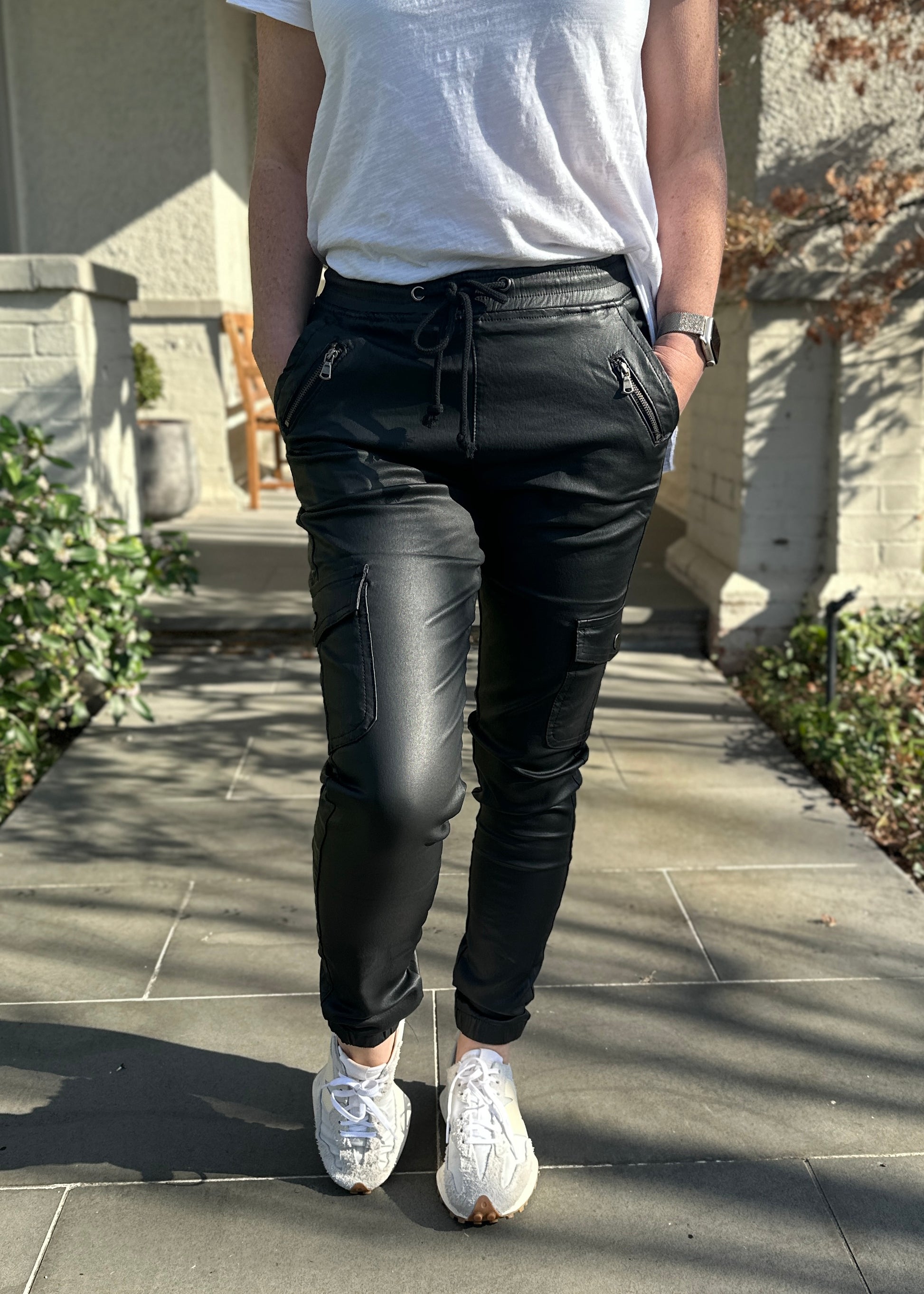 Shop Plus Size, Jenni Joggers Coated Black, Buy Joey Joggers Faux Leather Pants, womens Leather Look Pants Plus Size Leather Look Pants online, Shop Joey Jogger Faux Leather Pants, Shop Ladies Plus Size Leather Look Pants