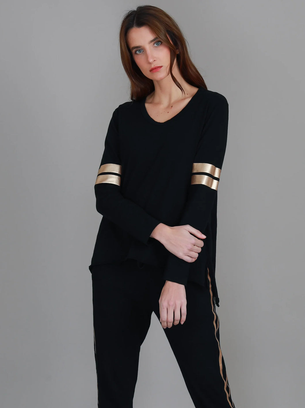 3rd Story Kiara Black Gold Stripe Long Sleeve Tee