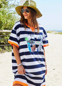 Summer Beach Sweat Dress - Navy Blue / White