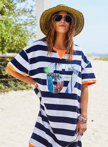 Summer Beach Sweat Dress - Navy Blue / White