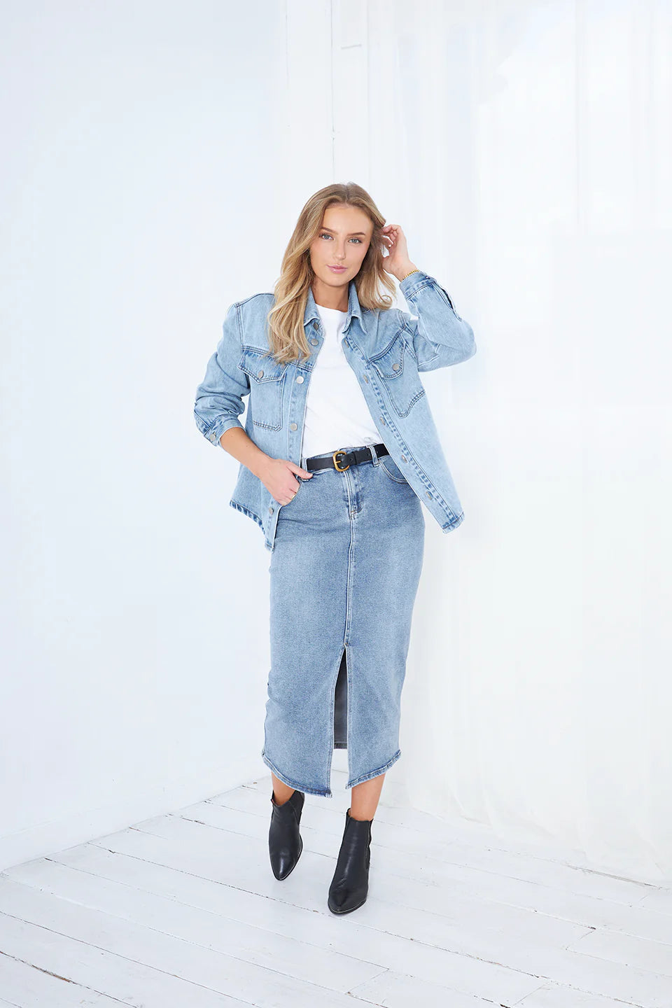 Saint Rose Ladies Denim Midi Skirt with front Split, plus size ladies denim midi skirt