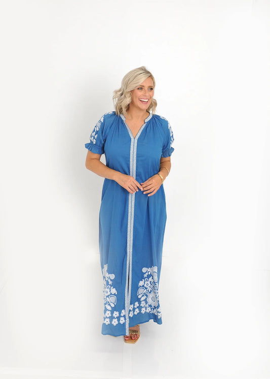 Blue embroidered midi dress with V-neckline and puff sleeves