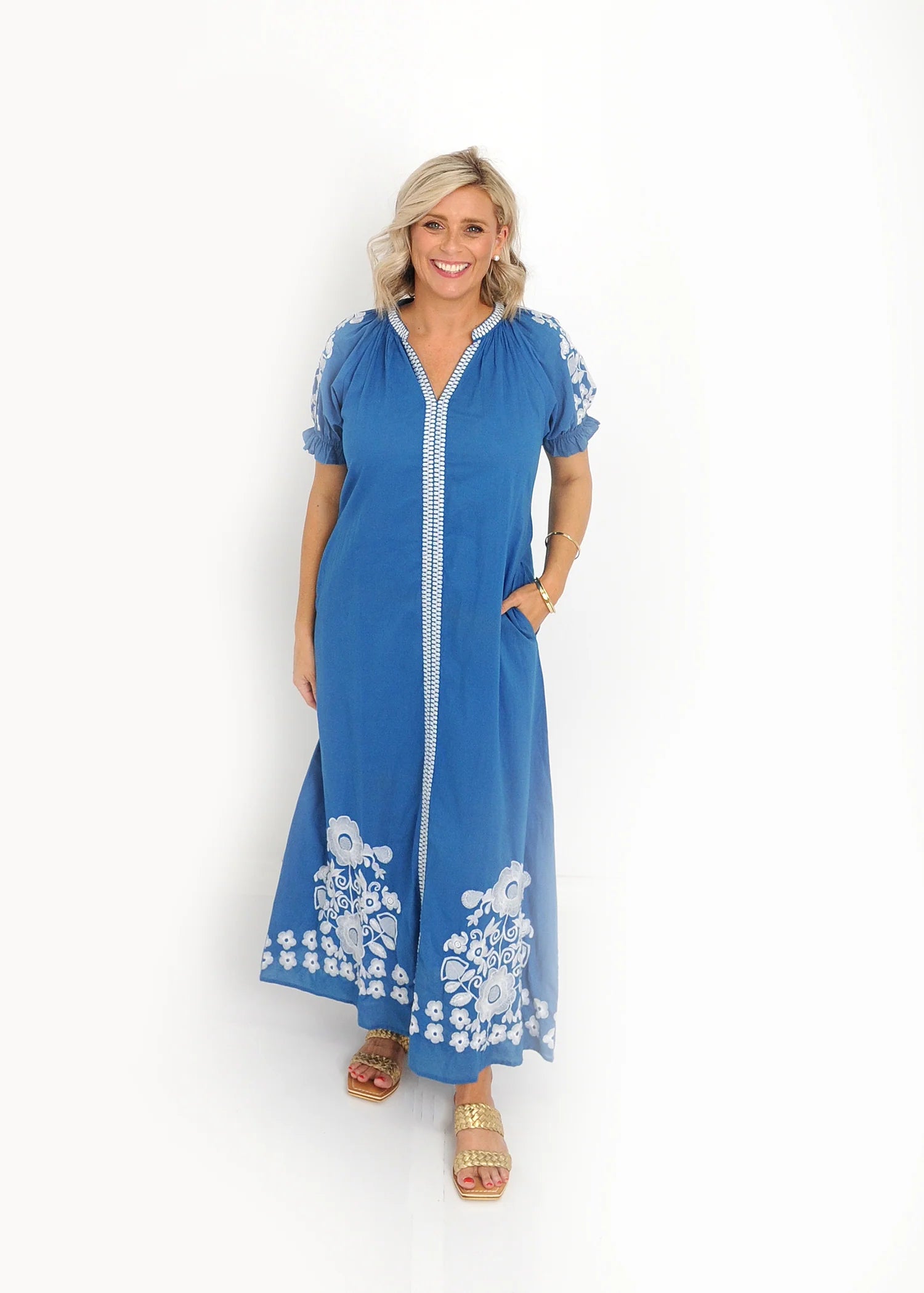 Remy Dress blue cotton midi dress with puff sleeves and white embroidery