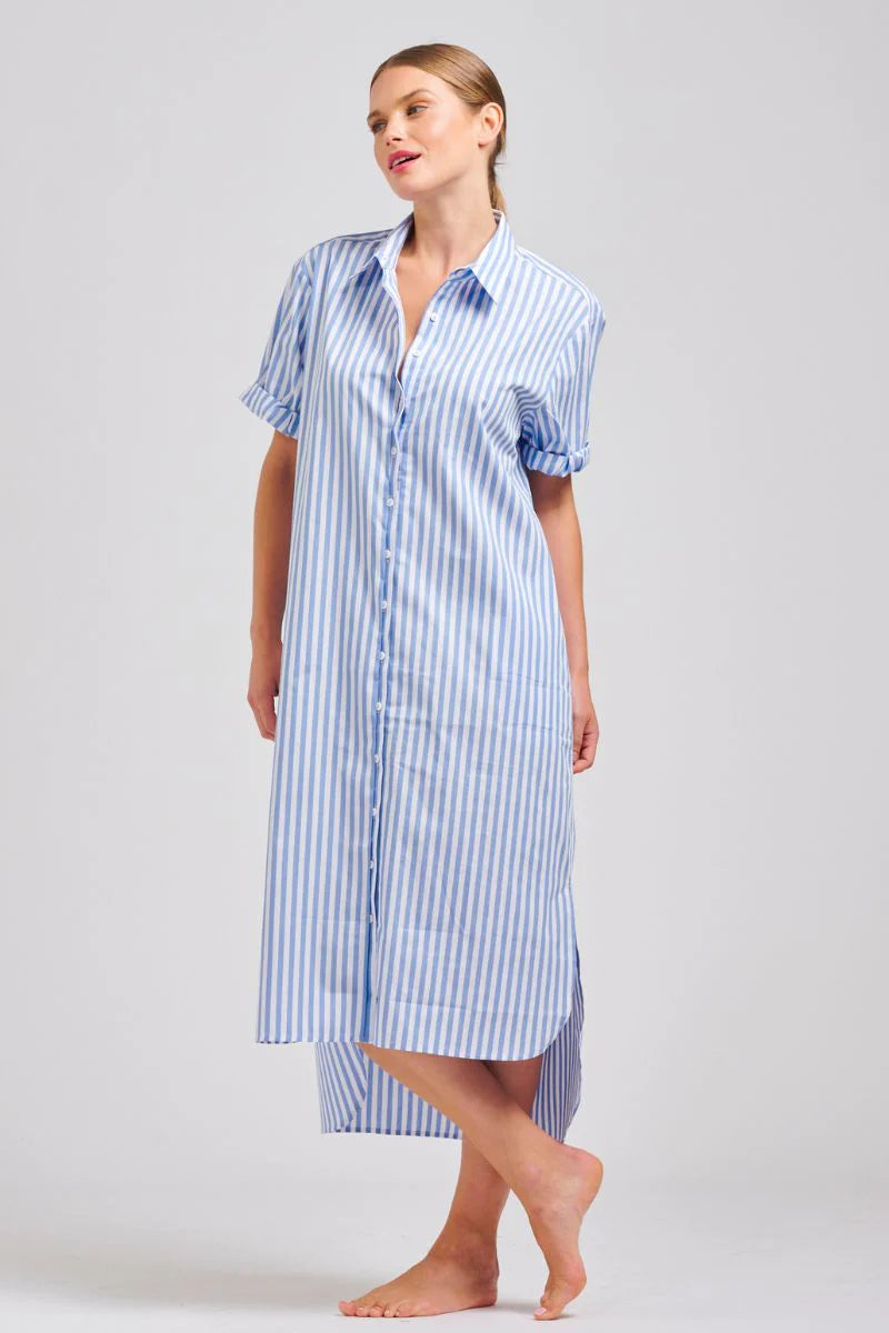 Shop Annie Shirt Dress Blue Stripe, Shop Annie Shirty short sleeve shirt dress, Shop Shirty CLothing online, Shop Shirty australian sTockists, Shirty Annie Pinstripe Dress, Light Blue pinstripe Shirt Dress Shirty, Shirty Long Oversized Shirt Dress Blue Stripe