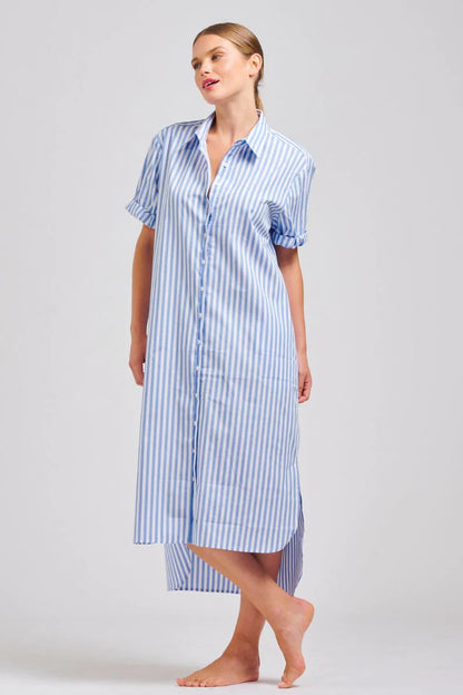 Shop Annie Shirt Dress Blue Stripe, Shop Annie Shirty short sleeve shirt dress, Shop Shirty CLothing online, Shop Shirty australian sTockists, Shirty Annie Pinstripe Dress, Light Blue pinstripe Shirt Dress Shirty, Shirty Long Oversized Shirt Dress Blue Stripe