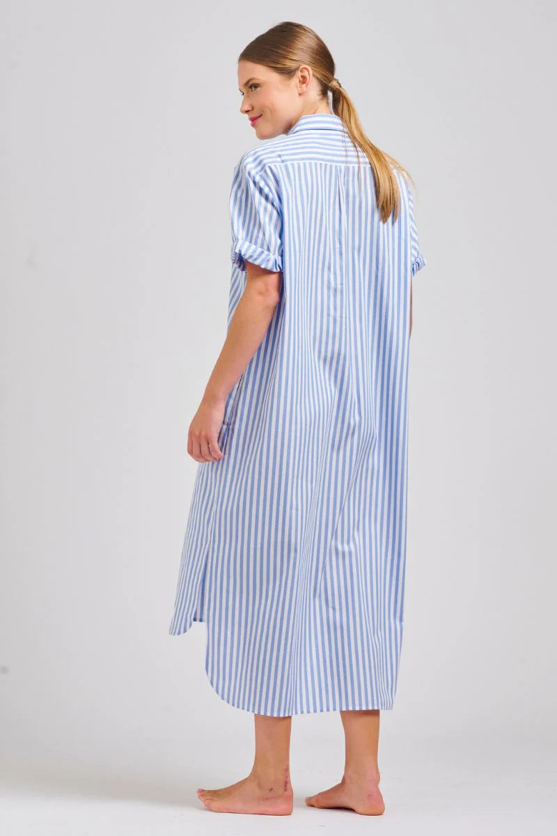 Shop Annie Shirt Dress Blue Stripe, Shop Annie Shirty short sleeve shirt dress, Shop Shirty CLothing online, Shop Shirty australian sTockists, Shirty Annie Pinstripe Dress, Light Blue pinstripe Shirt Dress Shirty, Shirty Long Oversized Shirt Dress Blue Stripe