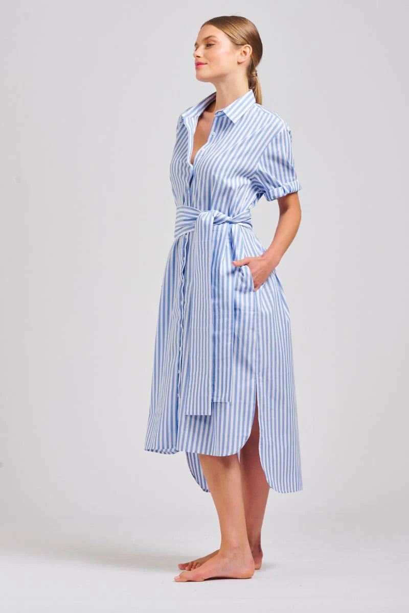 Shop Annie Shirt Dress Blue Stripe, Shop Annie Shirty short sleeve shirt dress, Shop Shirty CLothing online, Shop Shirty australian sTockists, Shirty Annie Pinstripe Dress, Light Blue pinstripe Shirt Dress Shirty, Shirty Long Oversized Shirt Dress Blue Stripe