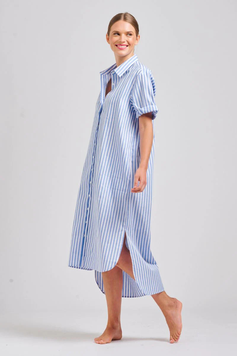 Shop Annie Shirt Dress Blue Stripe, Shop Annie Shirty short sleeve shirt dress, Shop Shirty CLothing online, Shop Shirty australian sTockists, Shirty Annie Pinstripe Dress, Light Blue pinstripe Shirt Dress Shirty, Shirty Long Oversized Shirt Dress Blue Stripe