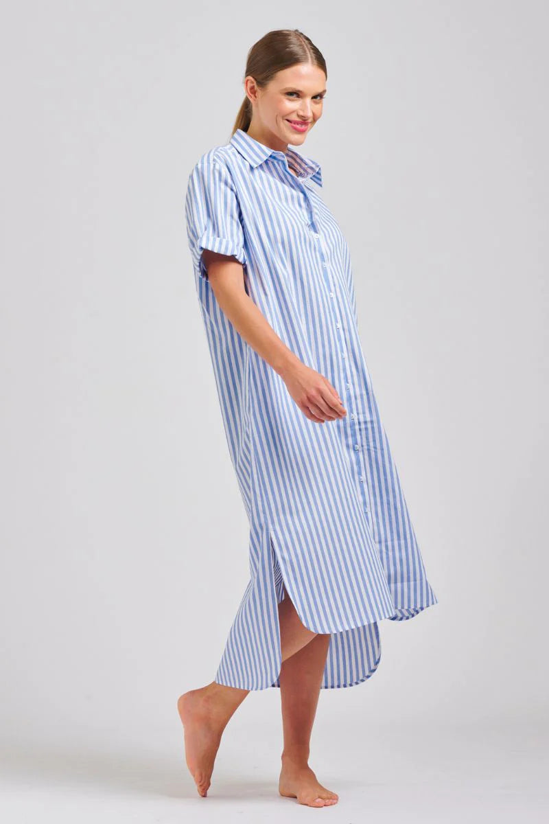 Shop Annie Shirt Dress Blue Stripe, Shop Annie Shirty short sleeve shirt dress, Shop Shirty CLothing online, Shop Shirty australian sTockists, Shirty Annie Pinstripe Dress, Light Blue pinstripe Shirt Dress Shirty, Shirty Long Oversized Shirt Dress Blue Stripe