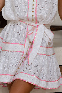 Miss June Paris Broderie Anglais Dress, Miss June paris Kai White Dress with Pink detail, Miss June paris white lace dress, Miss June paris Australian Stockists Kai Mini Dress