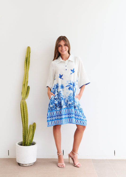 Marina Collared Dress - Blue Palm Print