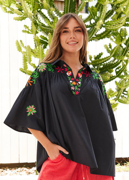 womens collared Black Embroidered boho shirt with Collar