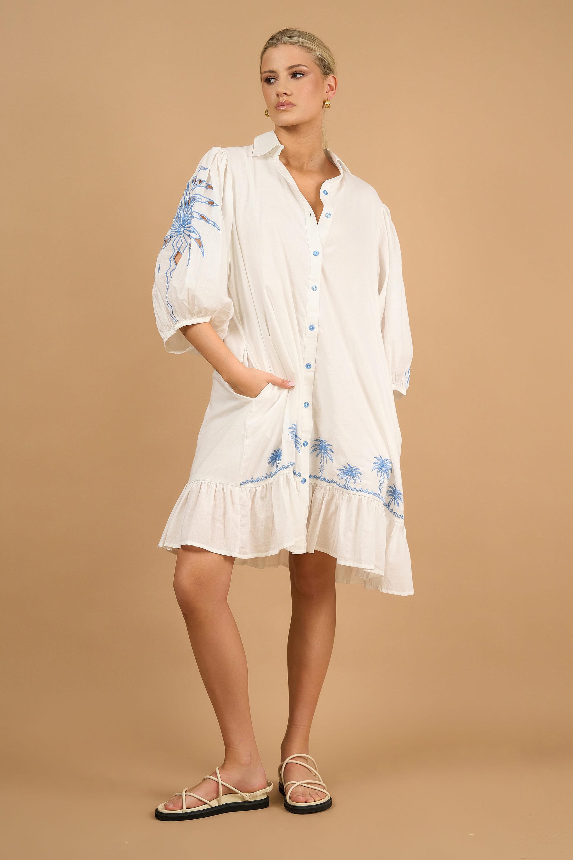 June Embroidered Palm Shirt Dress White | Collectivo Australia Basic State June Embroidered Palm Shirt Dress White | Collectivo Australia Basic State