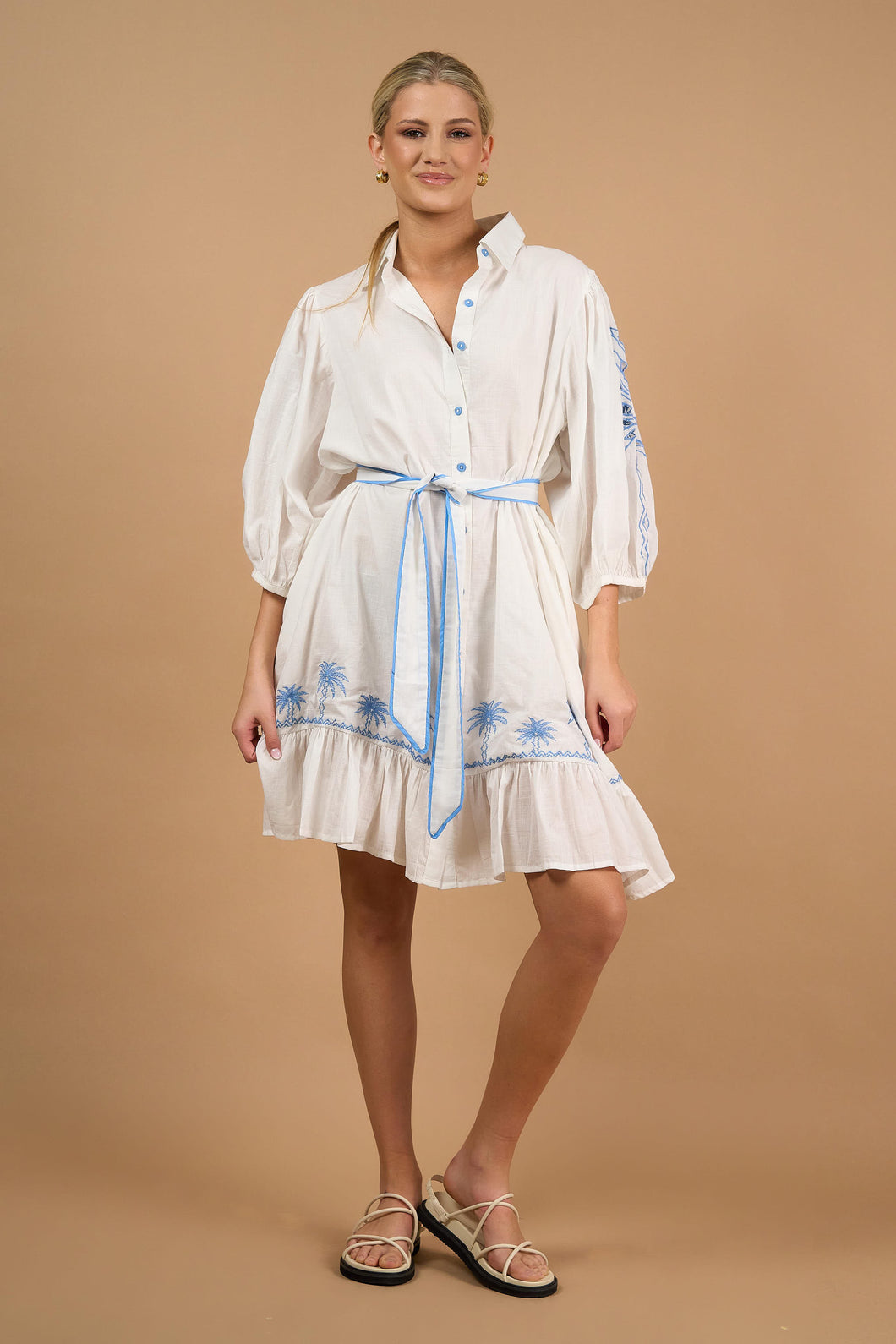 June Embroidered Palm Dress - White