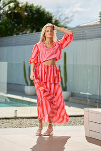 Lilian Tired Maxi Skirt Collectivo Beach Lolly Print Pink and Red Stripe