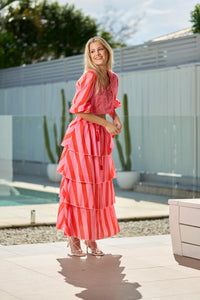 Lilian Tired Maxi Skirt Collectivo Beach Lolly Print Pink and Red Stripe