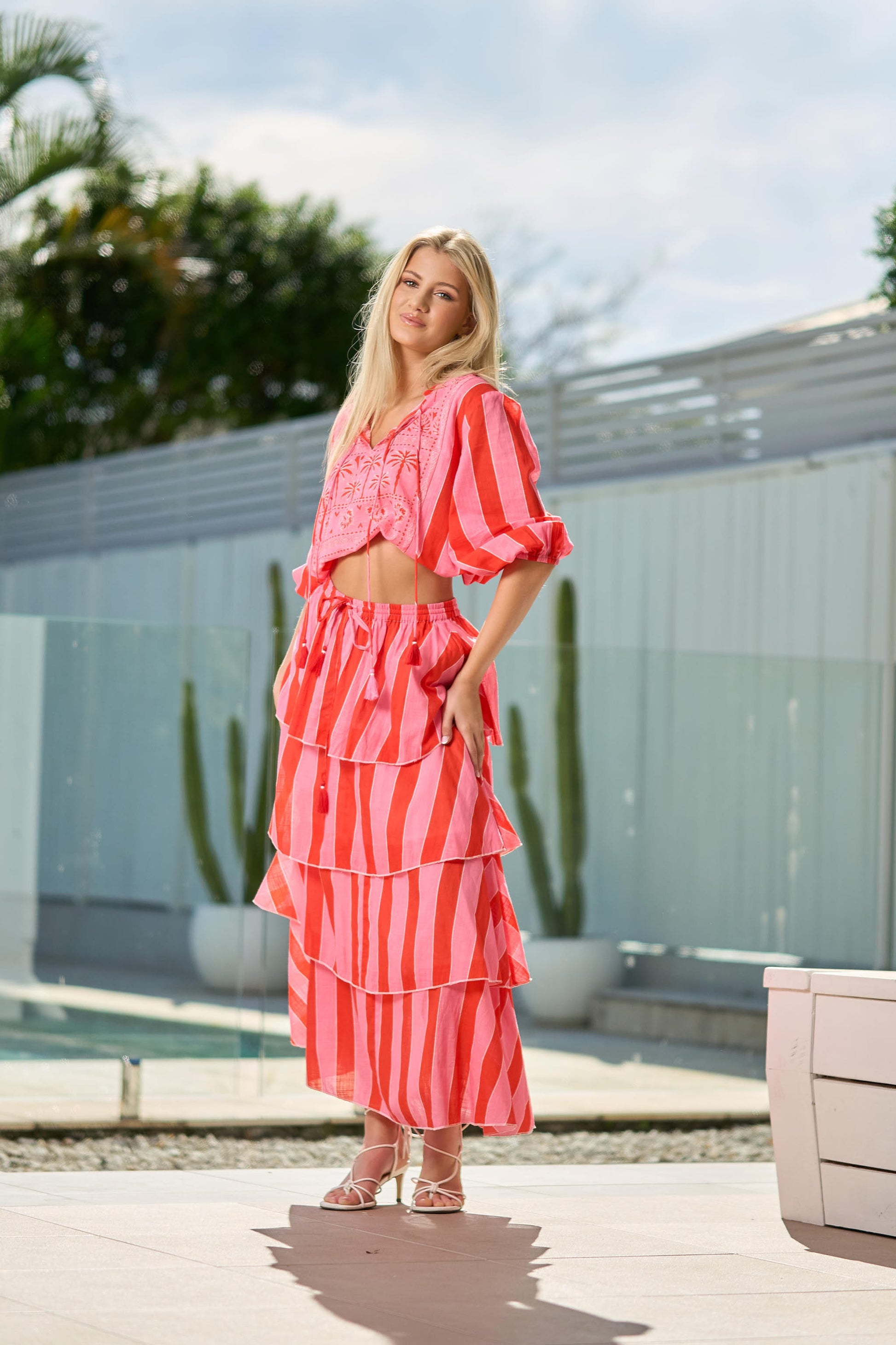 Lilian Tired Maxi Skirt Collectivo Beach Lolly Print Pink and Red Stripe