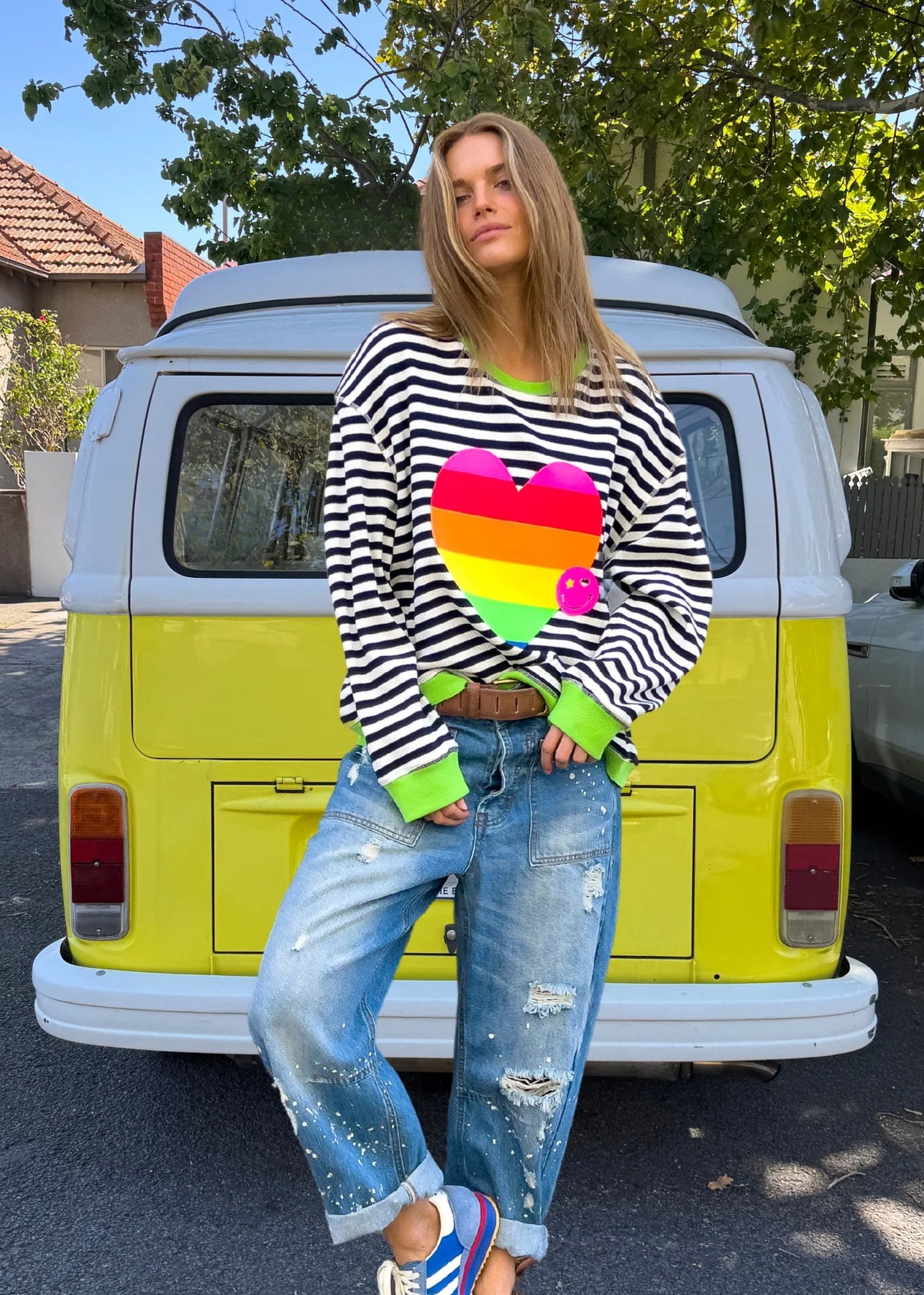 Heart Striped Waffle Sweater