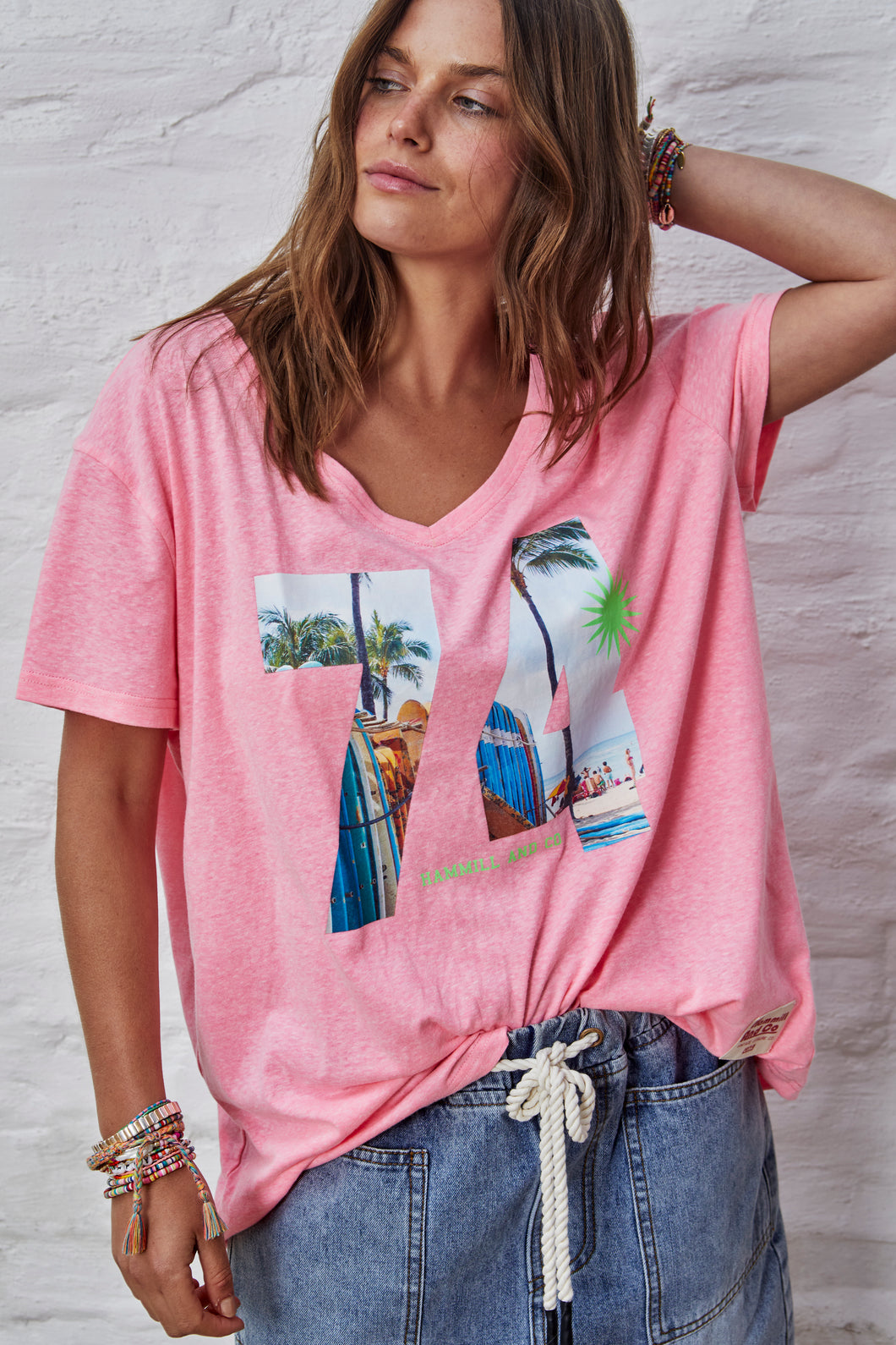 Hammill and co V Neck Palm Tee Pink