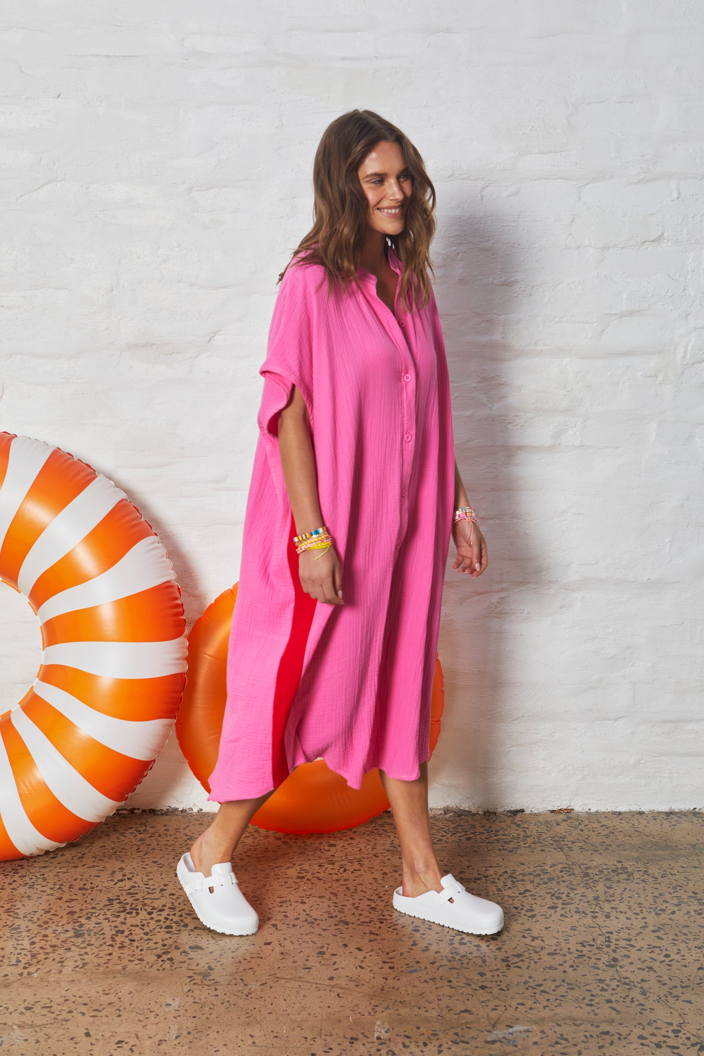 Resort Cheesecloth Beach Dress - Pink