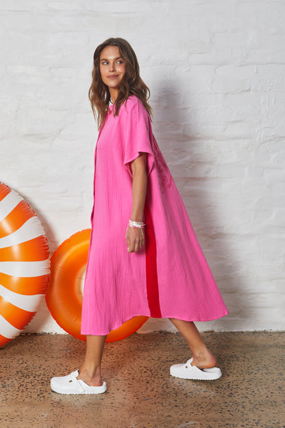 Resort Cheesecloth Beach Dress - Pink