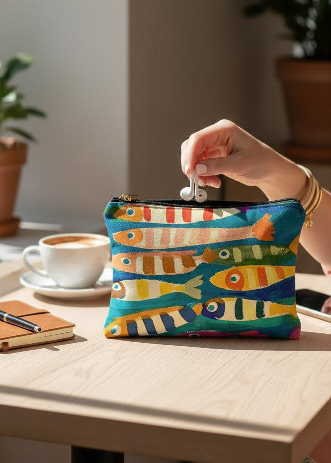 Canvas Zip Pouch - Here Fishy Fishy Fishy
